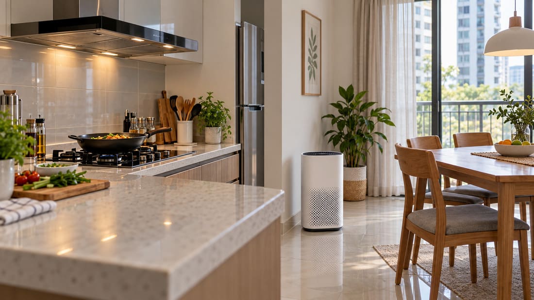 Cooker hood above a hob with an air purifier in the adjoining dining area.