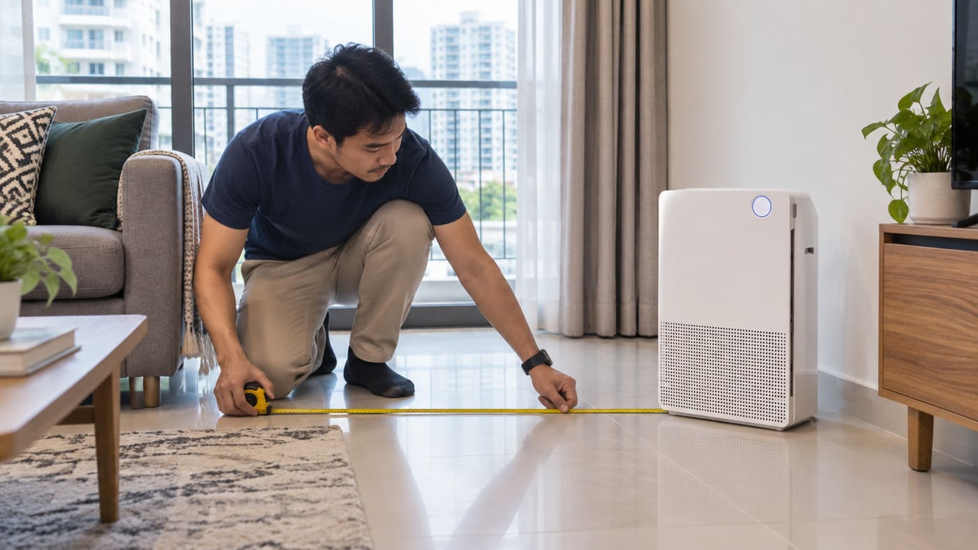 Person measuring a living room with a tape measure beside an air purifier.