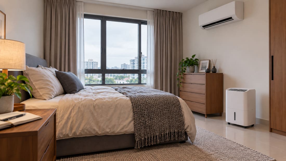 Wall-mounted air conditioner and portable dehumidifier in a bedroom.