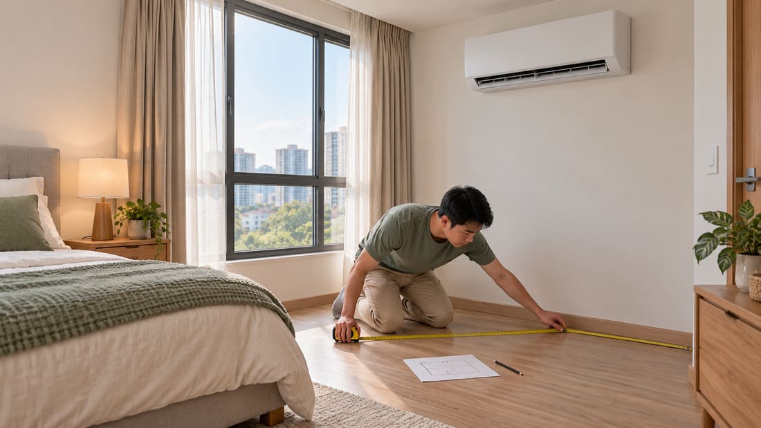 Homeowner measuring a bedroom floor beneath a wall-mounted air conditioner.