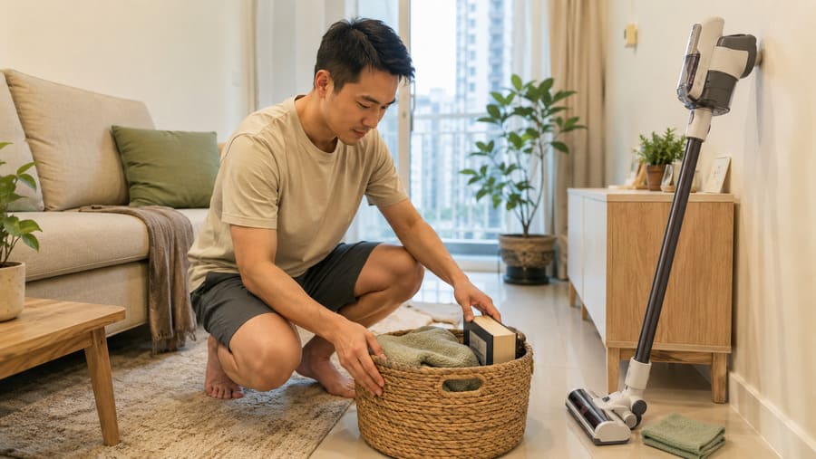 Asian resident following a simple cleaning routine in a compact Malaysian condominium