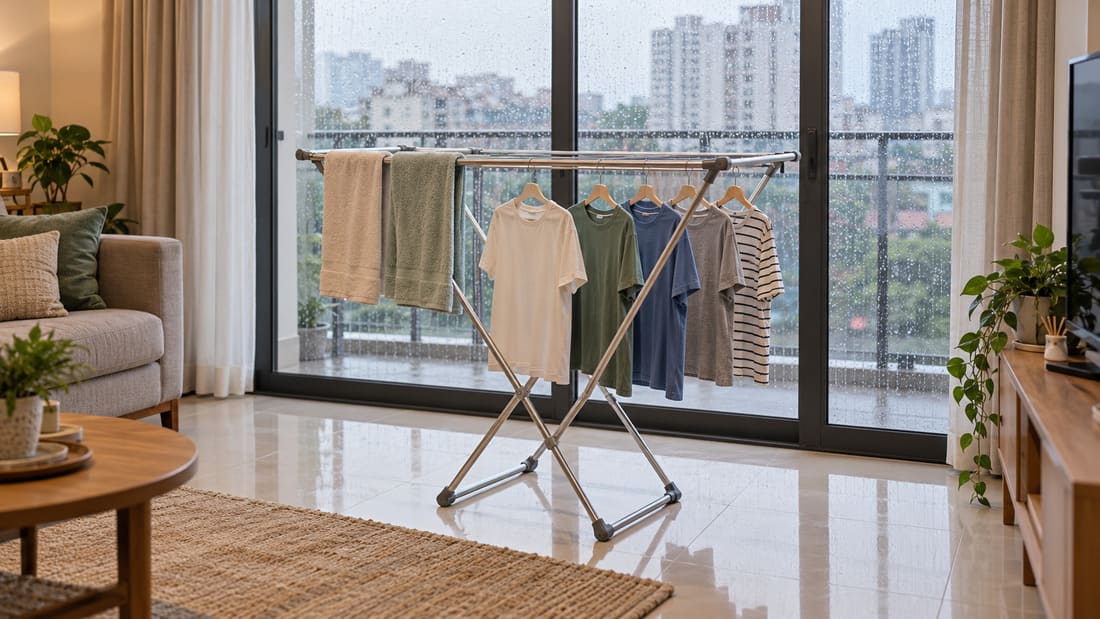 Spaced shirts and towels on a drying rack inside a condo.