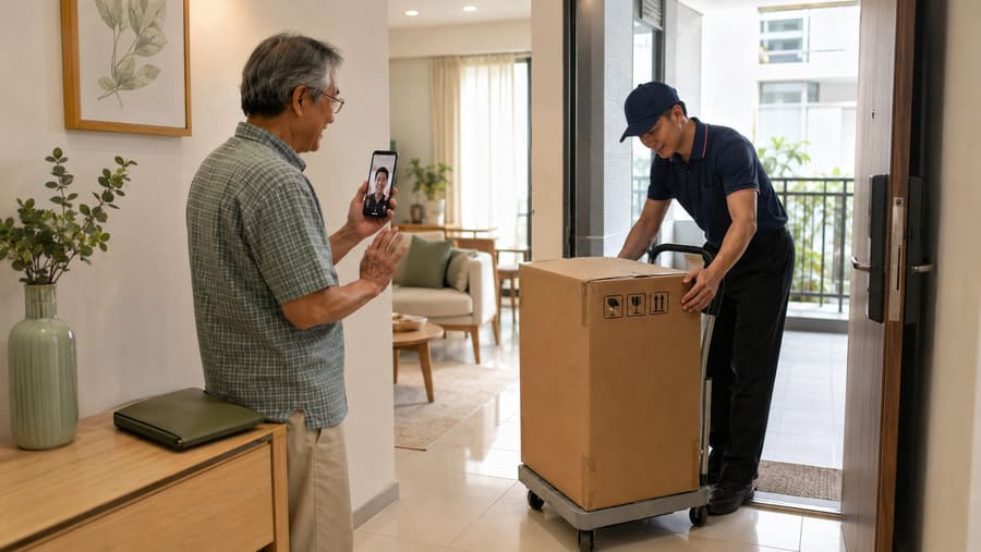Older Malaysian parent receiving a household delivery while speaking with family by video call