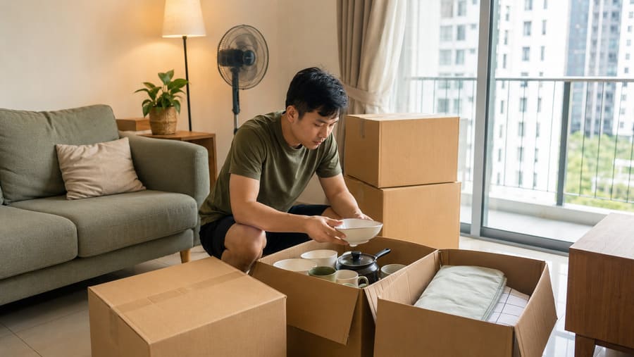 Young adult unpacking household essentials in a first Malaysian apartment