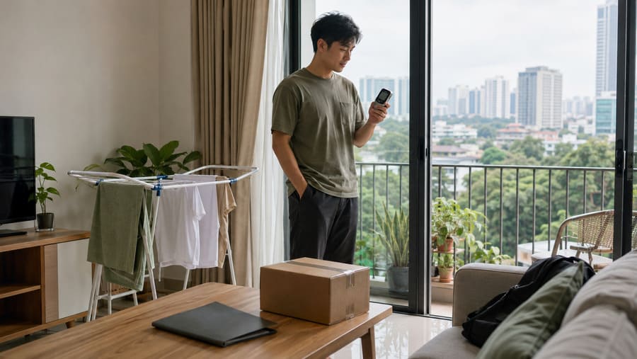 Newcomer organising practical household essentials in a Malaysian condominium