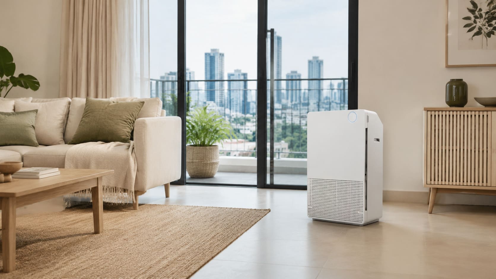 Air purifier positioned with clear space around it in a modern Malaysian living room