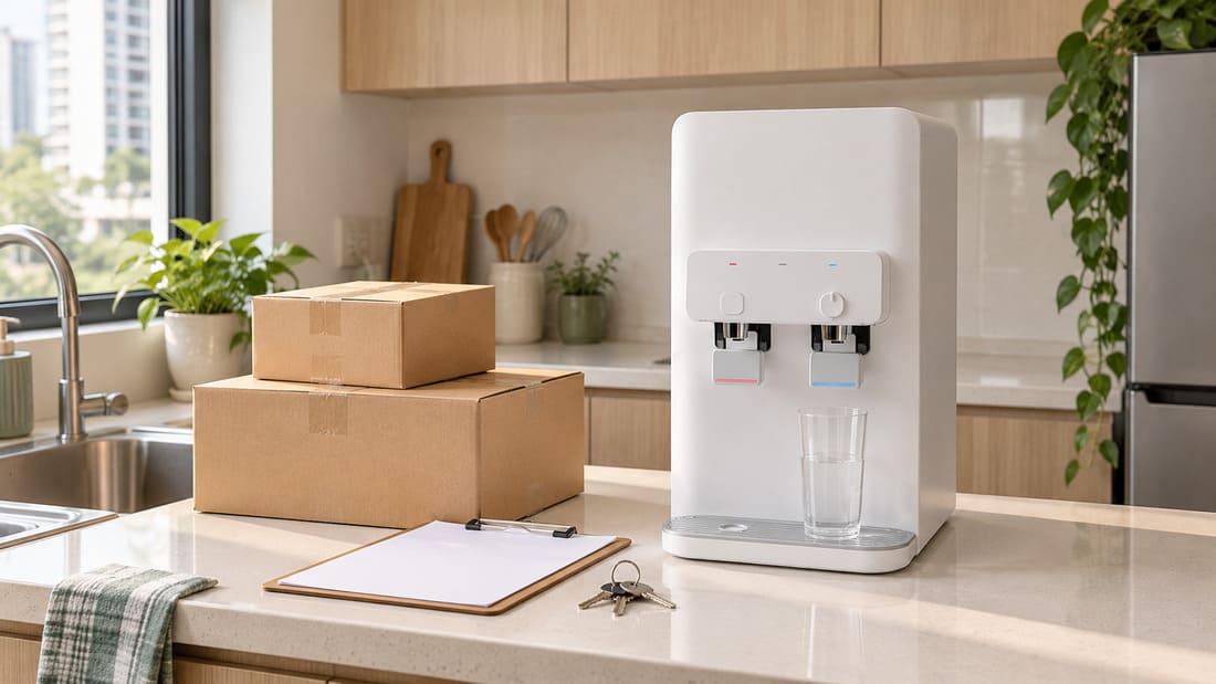 Countertop water purifier beside packed moving boxes in a kitchen.