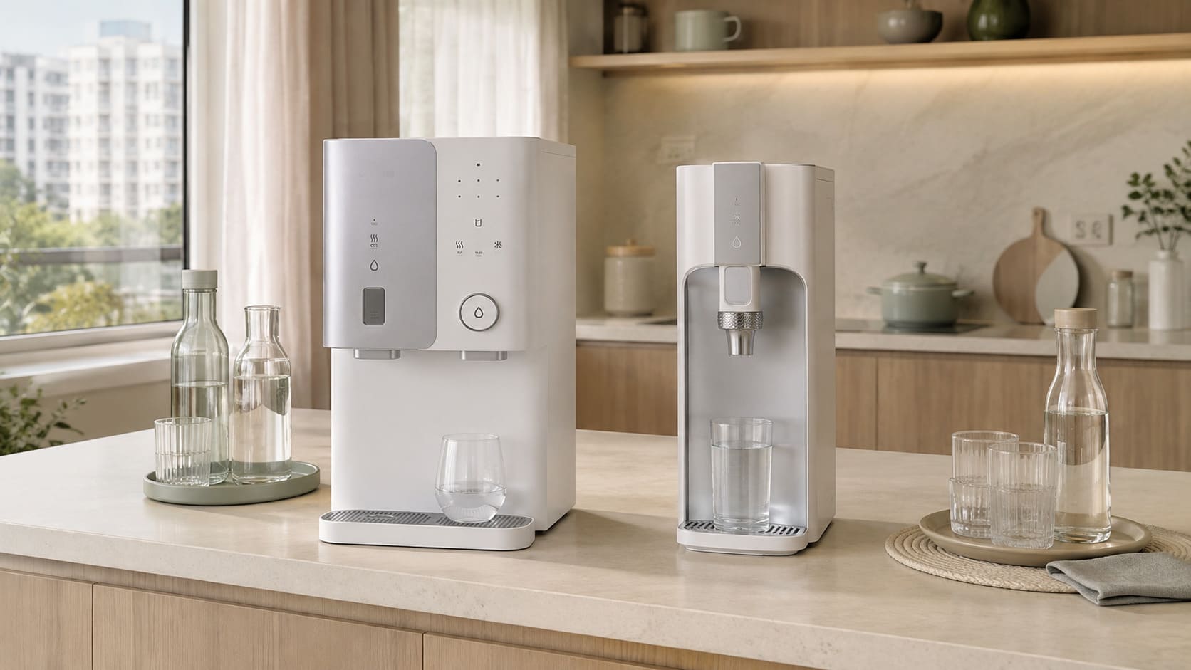 Tank-style and tankless-style water purifiers in a modern Malaysian kitchen