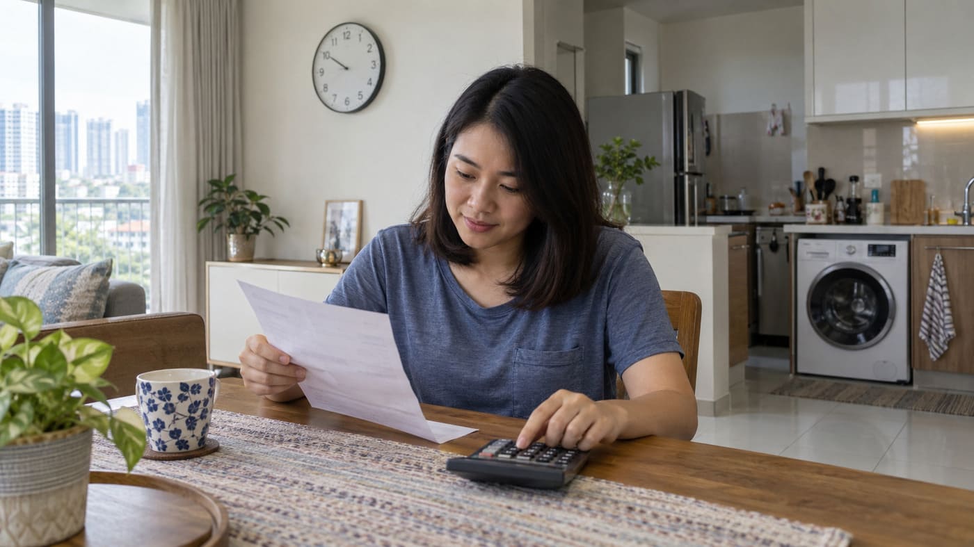 Homeowner reviewing paperwork with a calculator at a dining table.