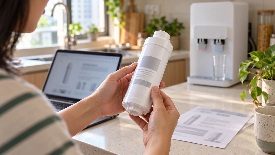 Homeowner checking a water-filter cartridge beside a laptop and purifier.