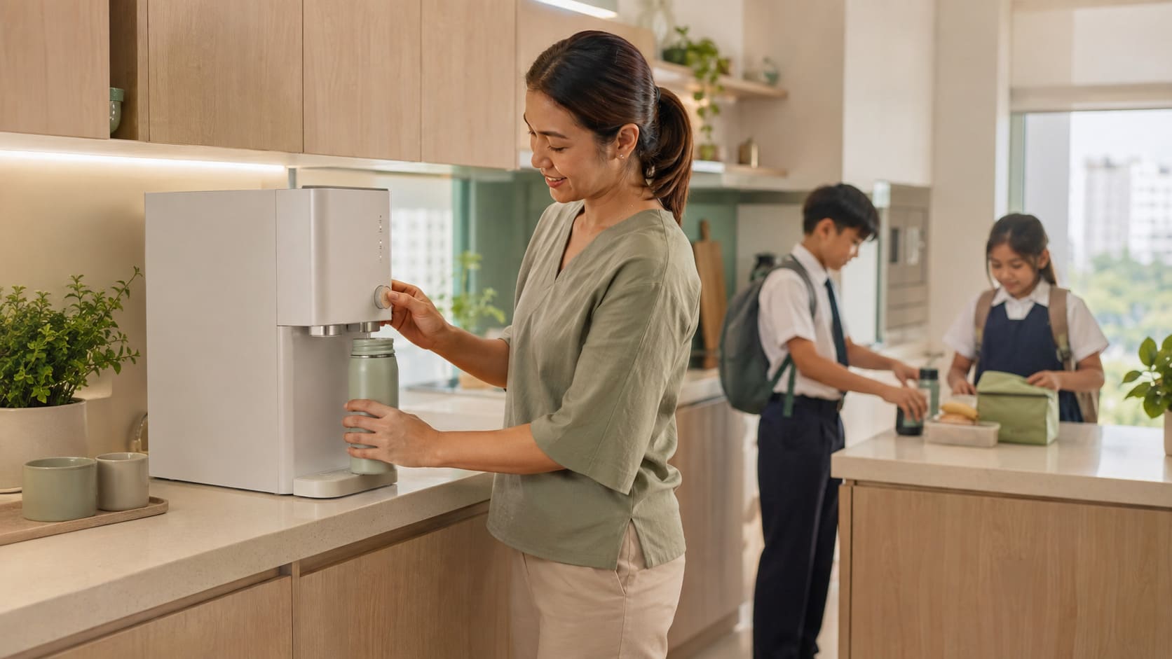 Parent filling a water bottle from a purifier in a Malaysian family kitchen