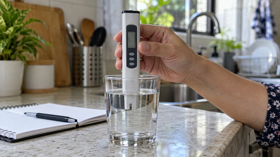 Hand holding a TDS meter with its probe in a glass of water.