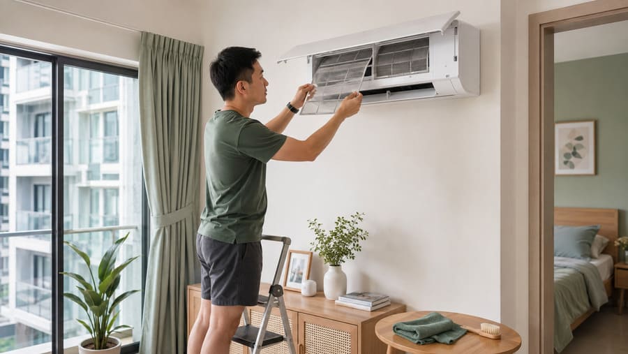 Malaysian homeowner removing a reusable filter from a wall-mounted air conditioner